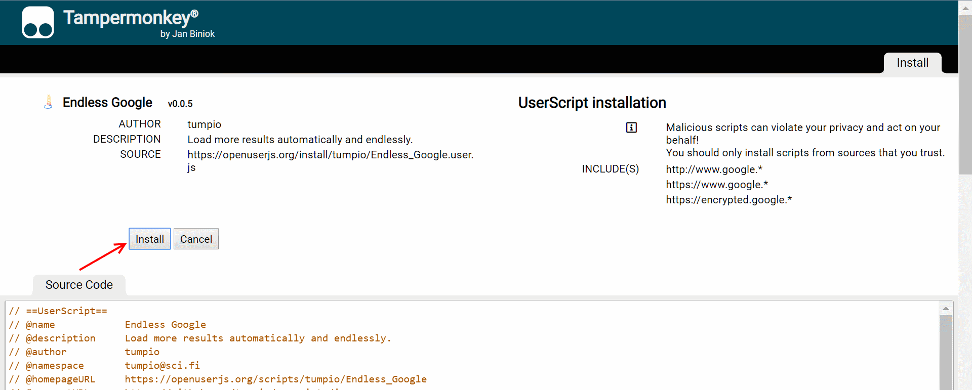 OpenUserJS - 4) Installationsbestätigung