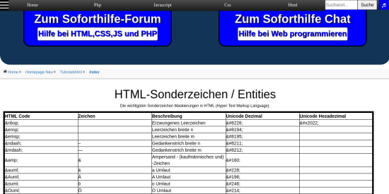 HTML Sonderzeichen Entities 